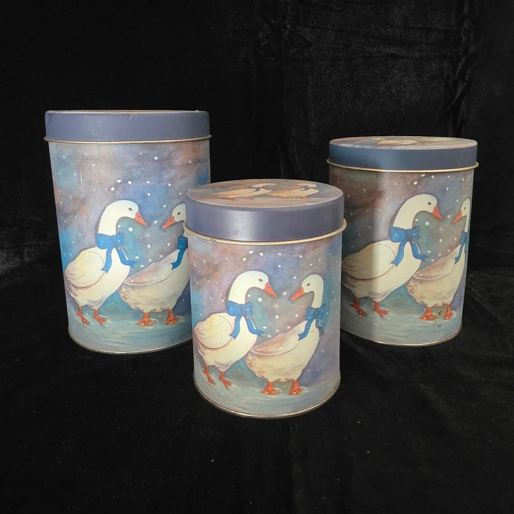 VTG Nesting Goose Tin Canister Set 3 Blue Bow Aunt Rhody Style Country Cottage